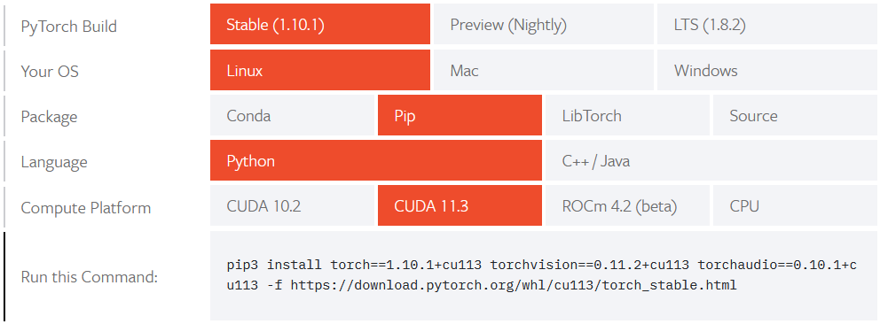 Tool provided by PyTorch that provides users with the correct installation commands.
